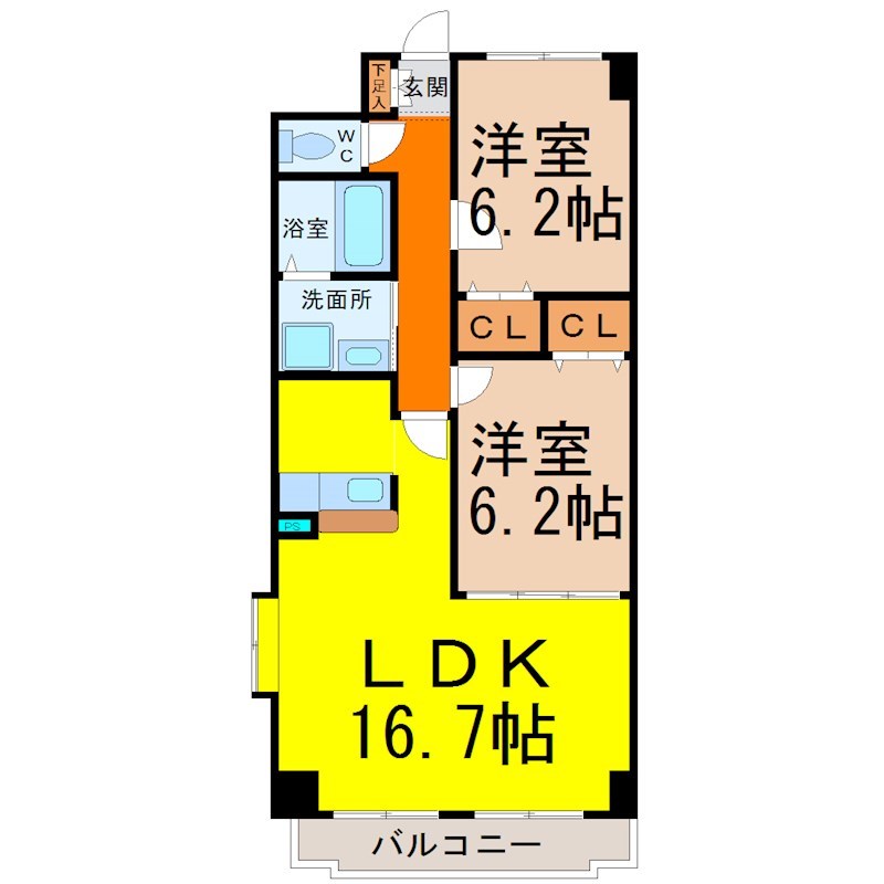 プリミエール松園 間取図　ＬＤＫ16.7帖　洋室2部屋　南面バルコニー