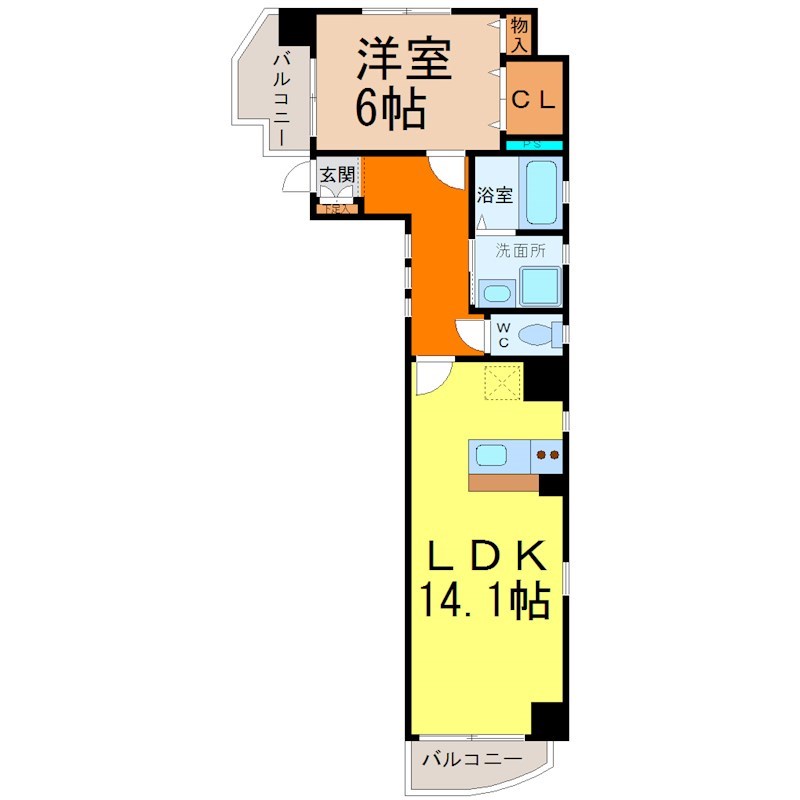 ＨａｕｓＩＳＥＢＥＲＧ（ハオスイセベルグ） 間取図　ＬＤＫ14.1帖　洋室6帖　南向きバルコニー