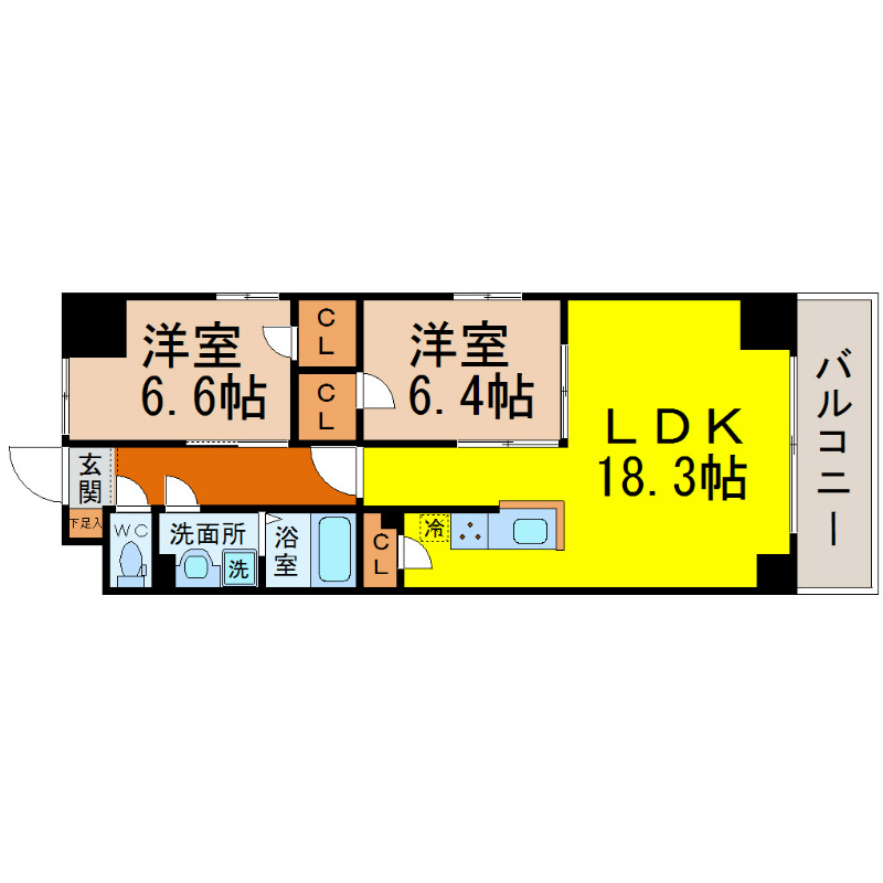 Ｓ－ＦＯＲＴ鶴舞ａｒｔｓ 間取図　ＬＤＫ18.31帖　洋室×２　南面バルコニー