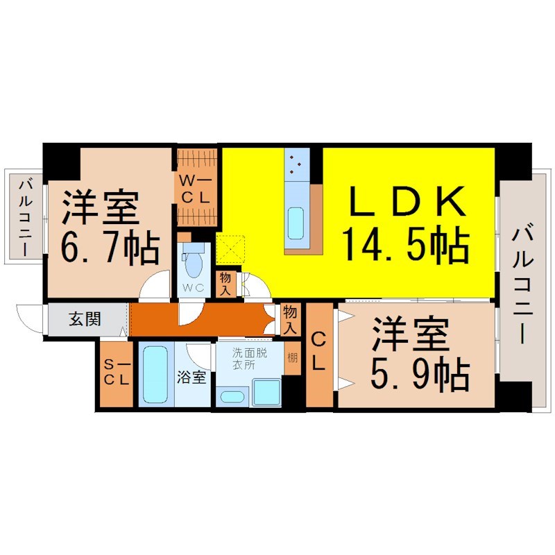 ラトゥール代官町ＷＥＳＴ 間取図　ＬＤＫ14.5帖　ウォークインクローゼット