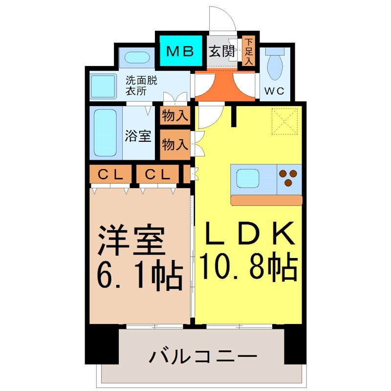 プレサンス桜通グレイス 間取図　ＬＤＫ10.8帖　洋室6.1帖　脱衣洗面所