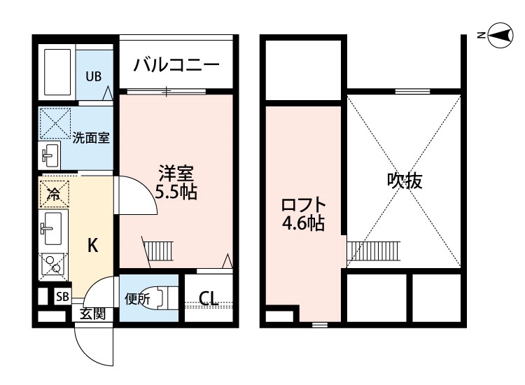 イルクオーレ高道町 間取図　洋室5.5帖　ロフト4.6帖　脱衣洗面所　バルコニー