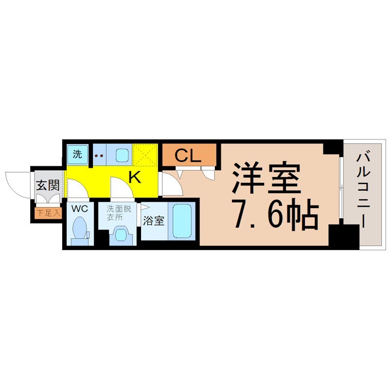 プレサンスＴＨＥ久屋大通レジェンド 間取図　洋室7.6帖　脱衣洗面所　バルコニー