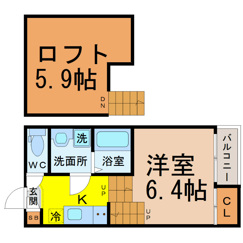 アーバンテラス浮島町Ｓ 間取図　洋室6.4帖　ロフト5.9帖　脱衣洗面所　バルコニー