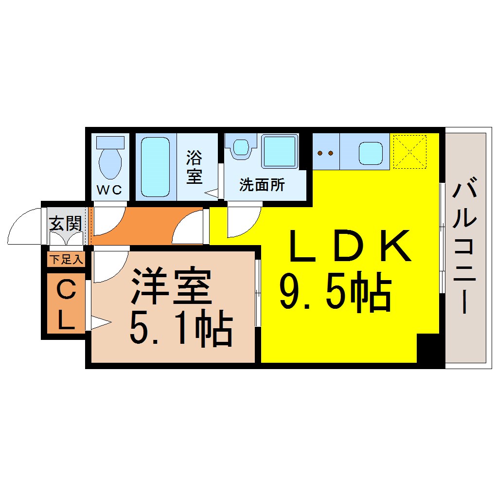 サンマール金山南 間取図　ＬＤＫ9.5帖　洋室5.1帖　脱衣洗面所　バルコニー