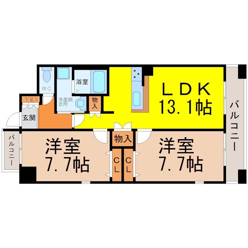 フォレスト白鳥 間取り　ＬＤＫ13.1帖　洋室2部屋　南向きバルコニー