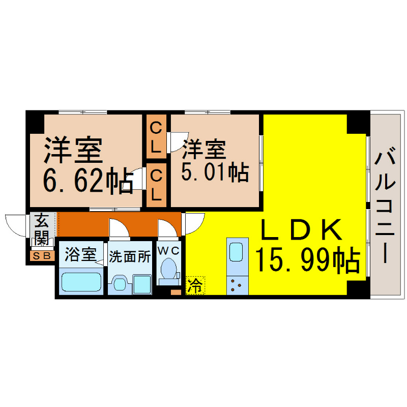 Ｓ－ＦＯＲＴ鶴舞ｒｅａｌｅ 間取図　ＬＤＫ15.99帖　洋室2部屋　南面バルコニー