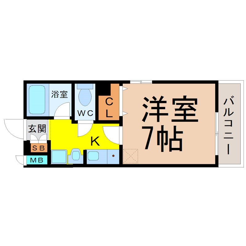アーバンハイツ名駅南 間取図　洋室7帖　洗髪洗面化粧台　南面バルコニー