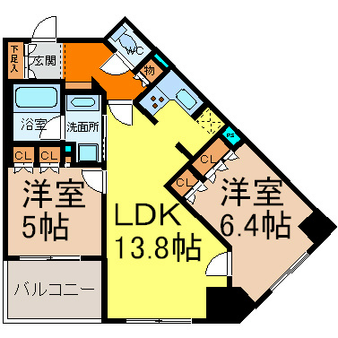 アップルパレス丸の内 間取図　ＬＤＫ13.8帖　洋室6.4帖　洋室5帖