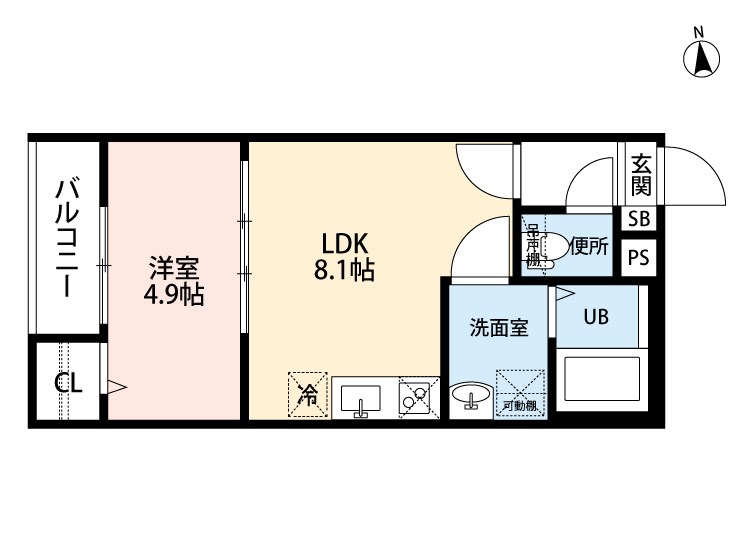 星空アパートメント 間取図　ＬＤＫ8.1帖　洋室4.9帖　脱衣洗面所　バルコニー