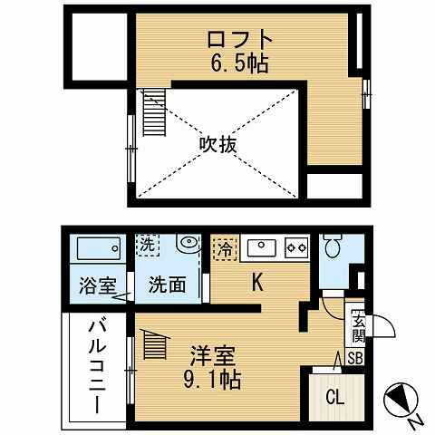 ペンハウス 間取図　洋室9.1帖　ロフト6.5帖　脱衣洗面所　バルコニー