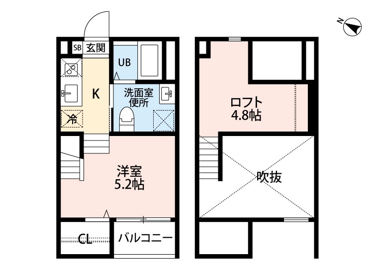ケント 間取り　洋室5.2帖　ロフト4.8帖　脱衣洗面所　バルコニー