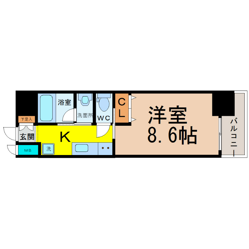 愛知県名古屋市西区名駅３丁目 間取図　洋室8.6帖　脱衣洗面所　バルコニー