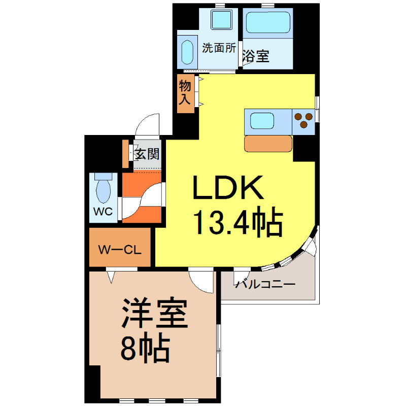 プライムヒルズ 間取図　LDK13.4帖　洋室8帖　南面バルコニー
