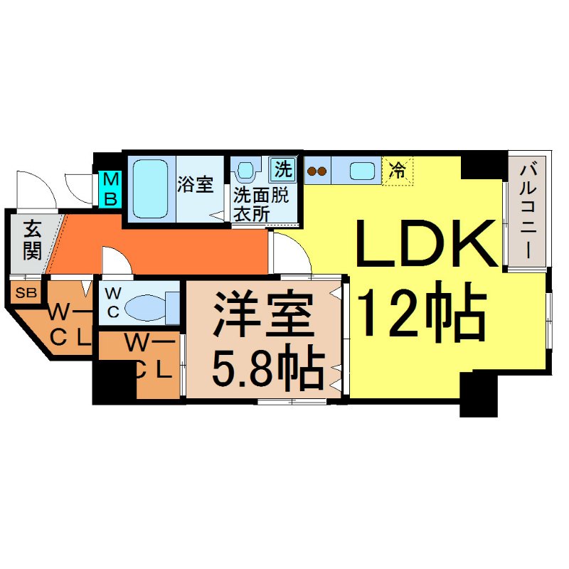 ロア金山 間取図　ＬＤＫ12帖　洋室5.8帖　ウォークインクローゼット