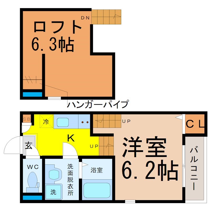 ルミエールＨＳ 間取図　洋室6.2帖　ロフト6帖　脱衣洗面所　バルコニー