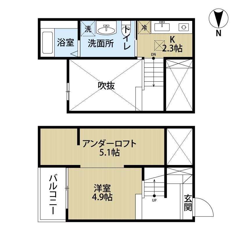 ＢＲＥＥＺＥ（ブリーズ） 間取図　洋室4.9帖　アンダーロフト5.1帖　脱衣洗面所