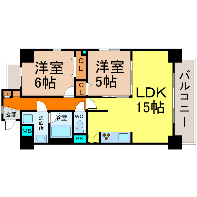 レッジェンダパラッツオ 間取図　２ＬＤＫ　全部屋南向きバルコニー