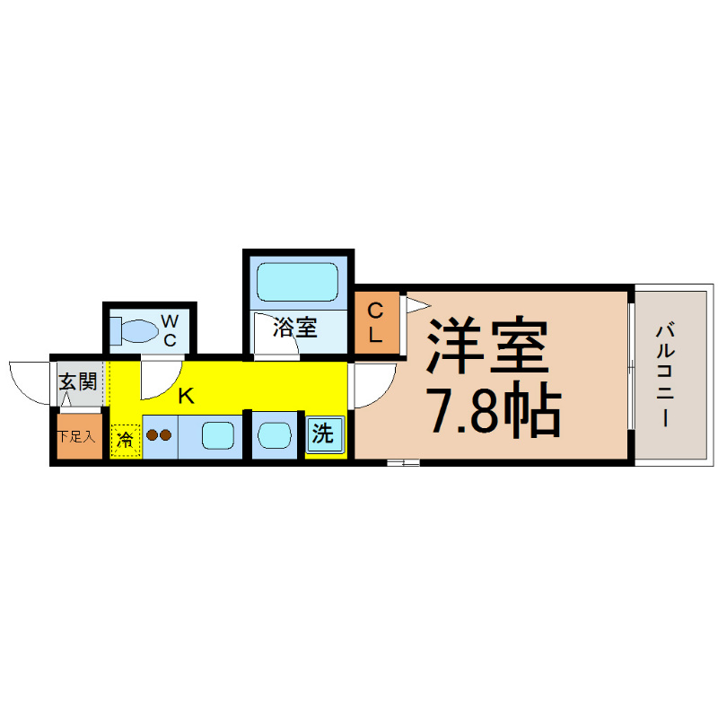 アンジュール栄 間取図　洋室7.8帖　バストイレ別　独立洗面台　バルコニー