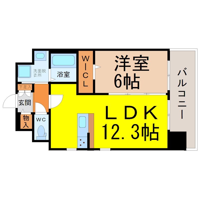 Ｓ－ＦＯＲＴ大須観音 間取図　ＬＤＫ12.3帖　洋室6帖　脱衣洗面所　バルコニー