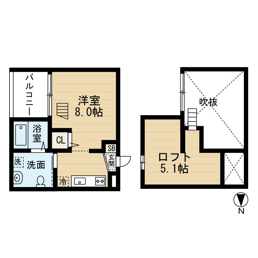 プルミエール 間取図　洋室8帖　ロフト5.1帖　脱衣洗面所　バルコニー
