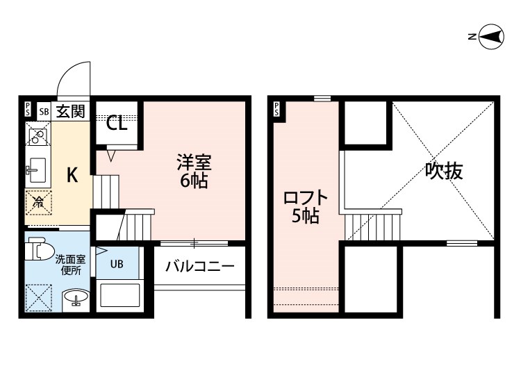 シャンフェルト原 間取図　洋室6帖　ロフト5帖　脱衣洗面所　バルコニー