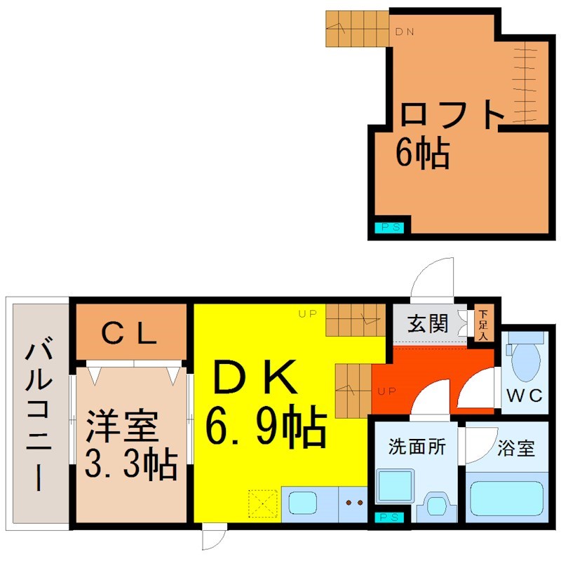 FAMILY　STAGE道徳III（ファミリーステージ道徳III） 間取図　ＤＫ6.9帖　洋室3.3帖　ロフト付　脱衣洗面所