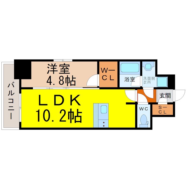 ディアレイシャス浅間町 間取り　ＬＤＫ10.2帖　洋室4.8帖　脱衣洗面所