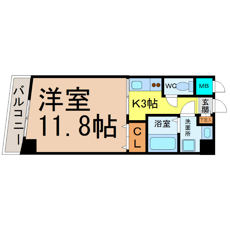 エクセレント名駅南 間取図　洋室11.8帖　脱衣洗面所　南面バルコニー