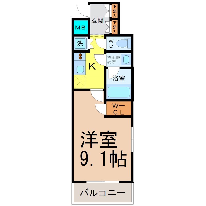 グランシャリオ金山 間取図　洋室9.1帖　脱衣所　南向きバルコニー