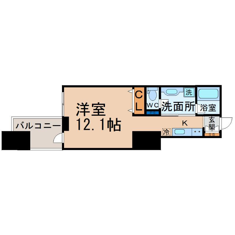 御幸レジデンス丸の内 間取図　洋室12.1帖　脱衣洗面所　バルコニー