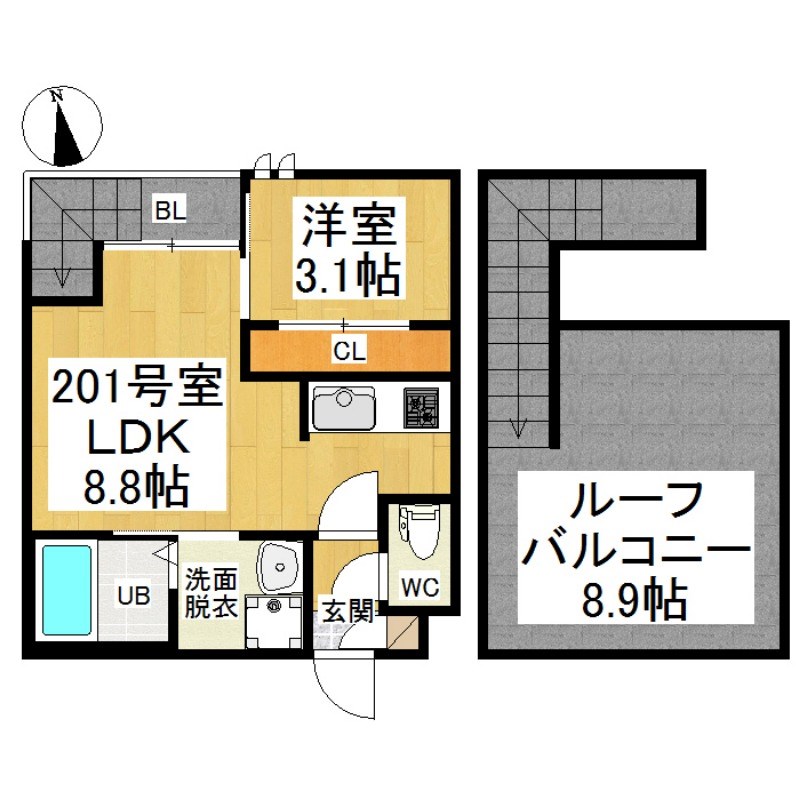 Ｇｒａｎｄｔｉｃ　Ｔｏｖｅ（グランティックトーベ） 間取り　ＬＤＫ8.8帖　洋室3.1帖　ルーフバルコニー