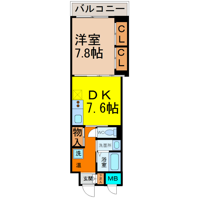 センチュリーパーク八熊 間取図　ＤＫ7.6帖　洋室7.8帖　脱衣洗面所　バルコニー