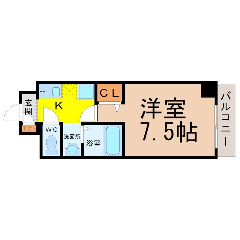 雪見ハイツ 間取図　洋室7.5帖　独立洗面台　バルコニー
