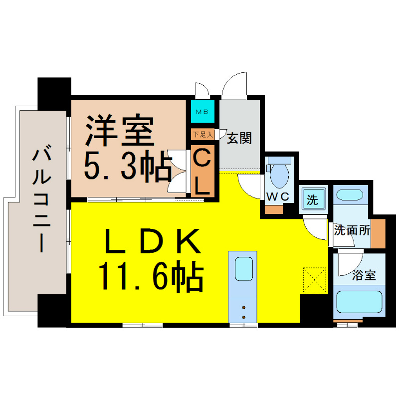 ＳＫ　ＢＵＩＬＤＩＮＧ－５０１ 間取図　ＬＤＫ11.6帖　洋室5.3帖　カウンターキッチン