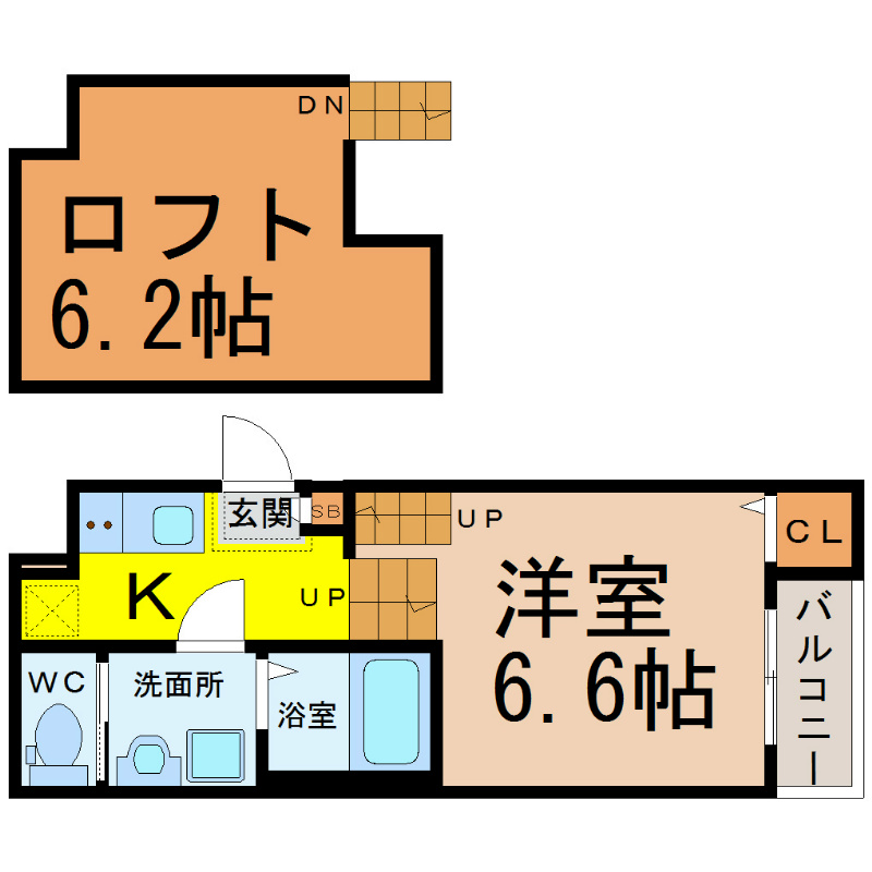 カレラ 間取図　洋室6.6帖　ロフト6.2帖　脱衣洗面所　バルコニー