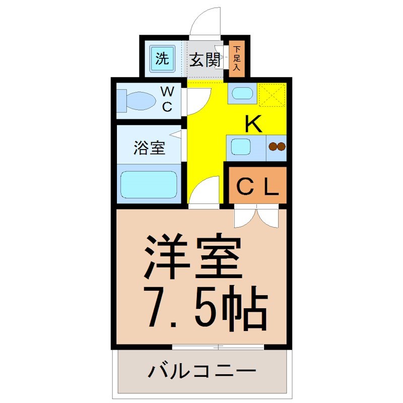 パルティール千種 間取図　洋室7.5帖　脱衣洗面所　南面バルコニー