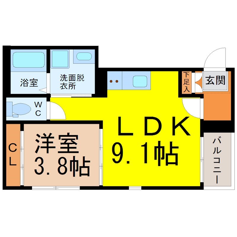 ラファータ名駅 間取り　ＬＤＫ9.1帖　洋室3.8帖　脱衣洗面所　バルコニー