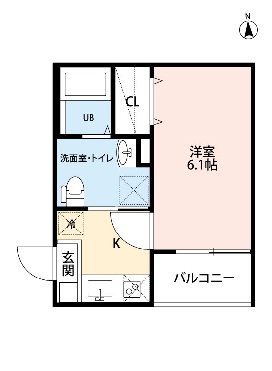 ＢＬＵＥ　ＧＯＡＴII（ブルーゴートツー） 間取図　洋室6.1帖　脱衣洗面所　クローゼット付　バルコニー