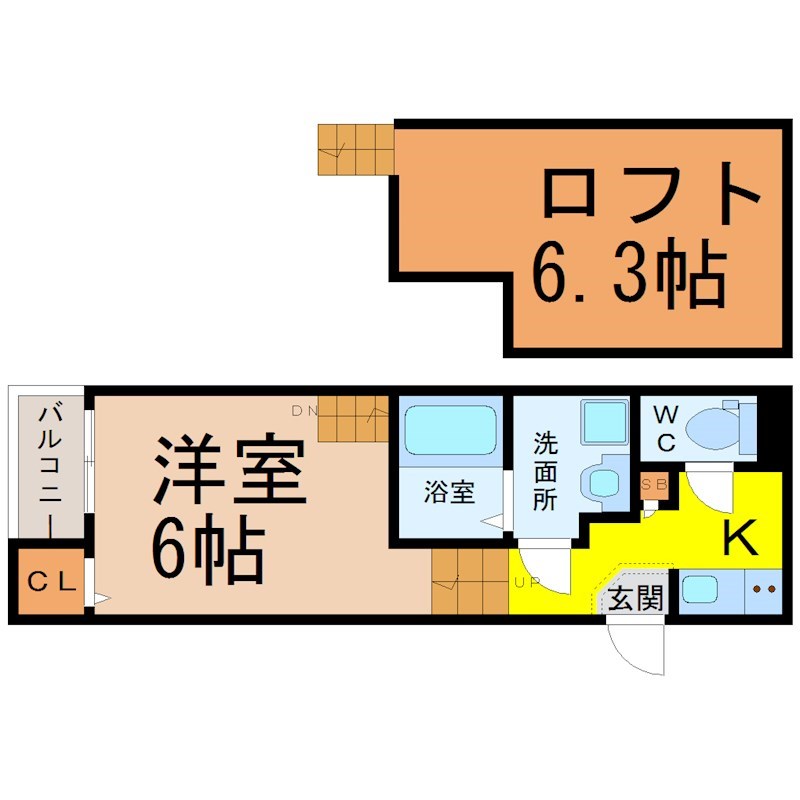 アイビー北原 間取図　洋室6帖　ロフト6.3帖　脱衣洗面所　バルコニー