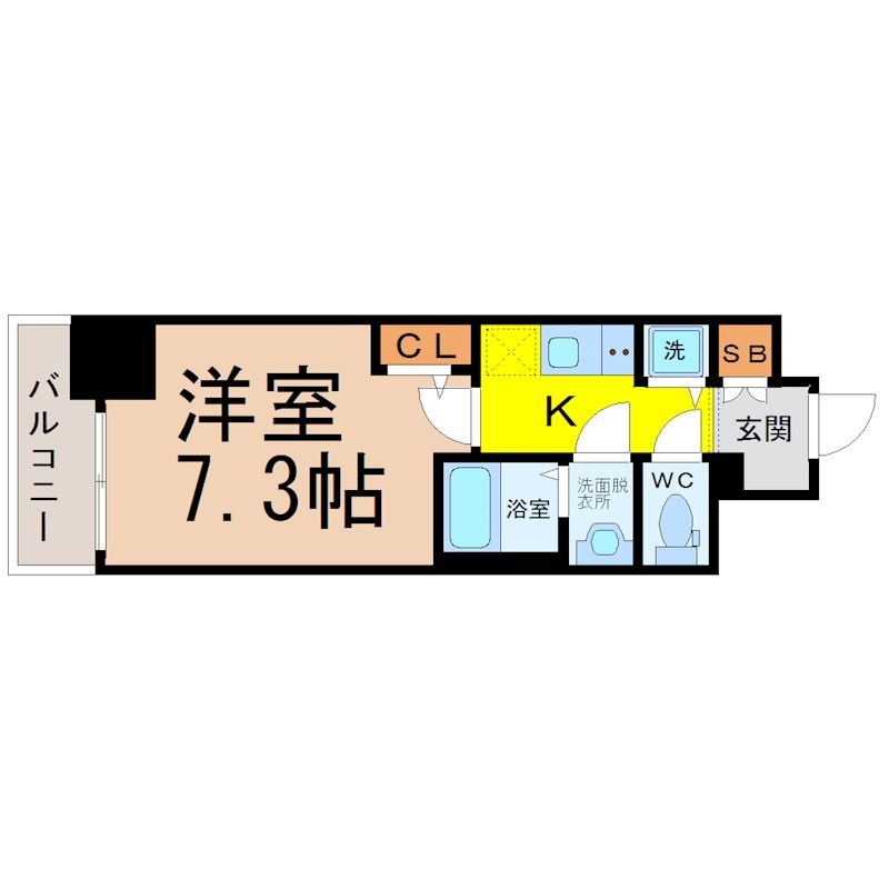 エスリード上前津テルツェ 間取図　洋室7.3帖　脱衣洗面所　バルコニー