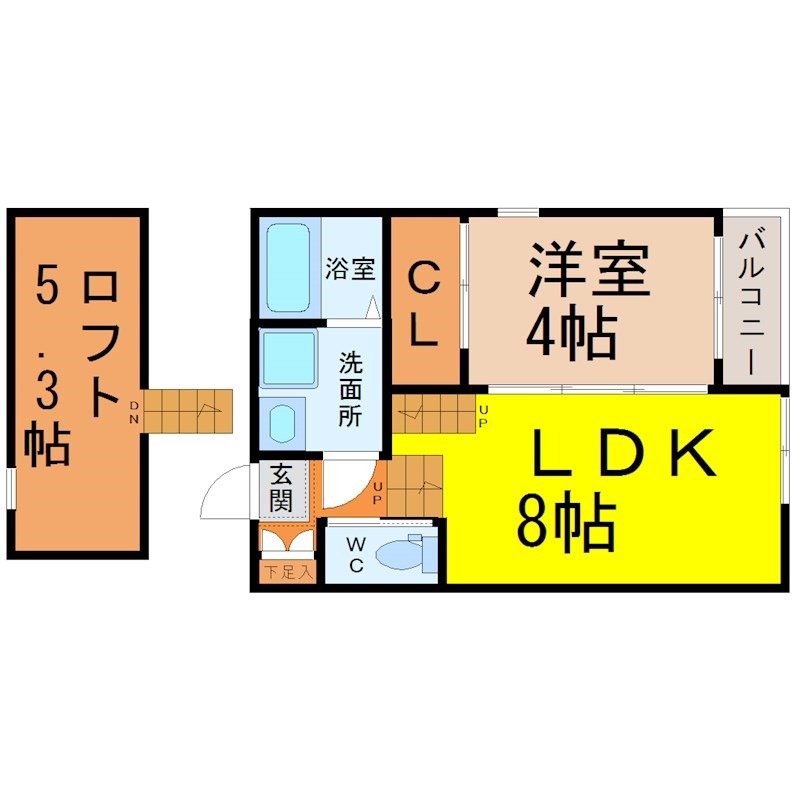 グレイスステーションサイド野並 間取図　ＬＤＫ8帖　洋室4帖　ロフト5.3帖　脱衣洗面所