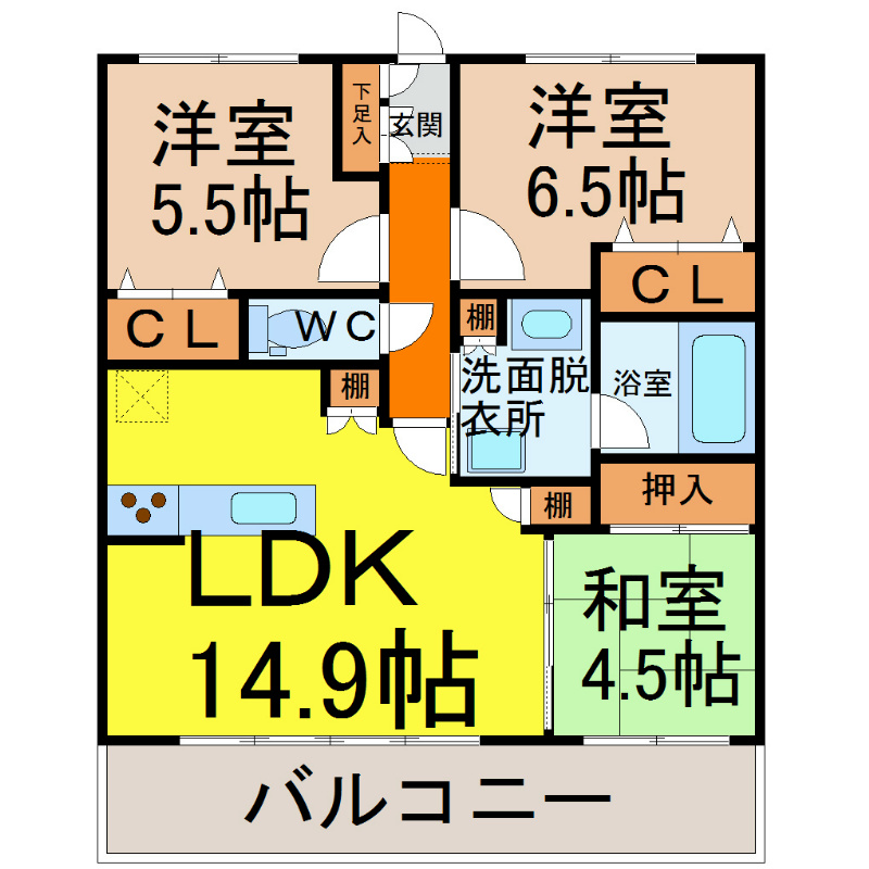 ｗｉｌｌＤｏ黒川 間取図　ＬＤＫ14.9帖　居室3部屋　２ＷＡＹバルコニー
