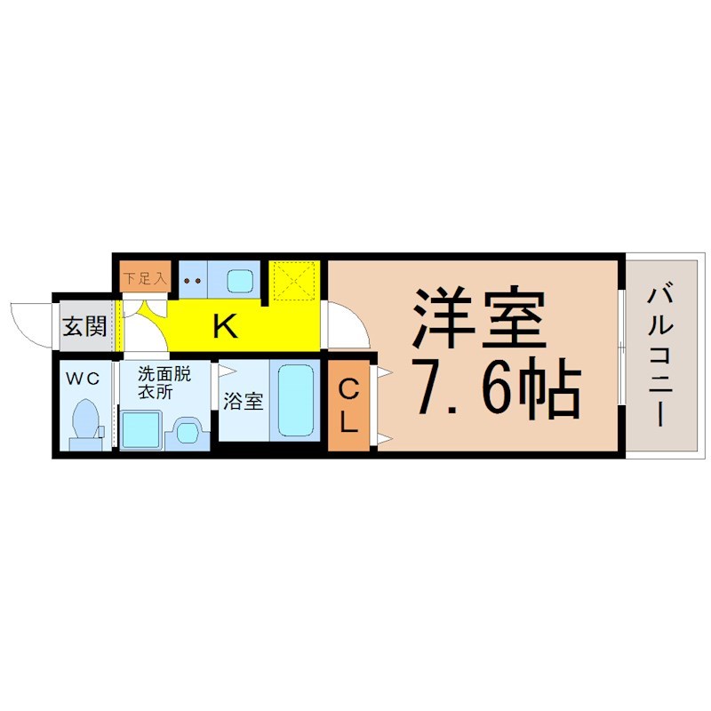 Ｓ－ＲＥＳＩＤＥＮＣＥ堀田 間取図　洋室7.6帖　脱衣洗面所　クローゼット付　バルコニー