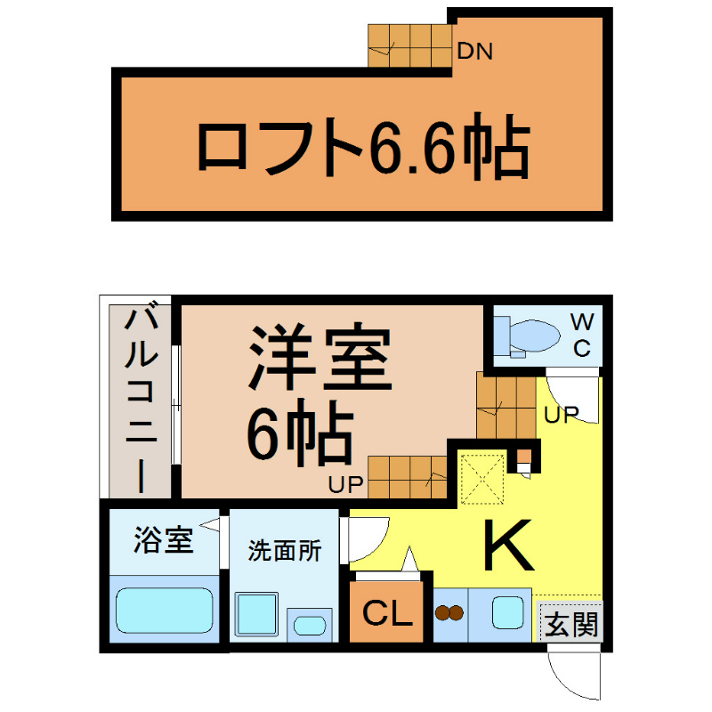 オークラレジデンス栄生 間取図　洋室6帖　ロフト6.6帖　脱衣洗面所