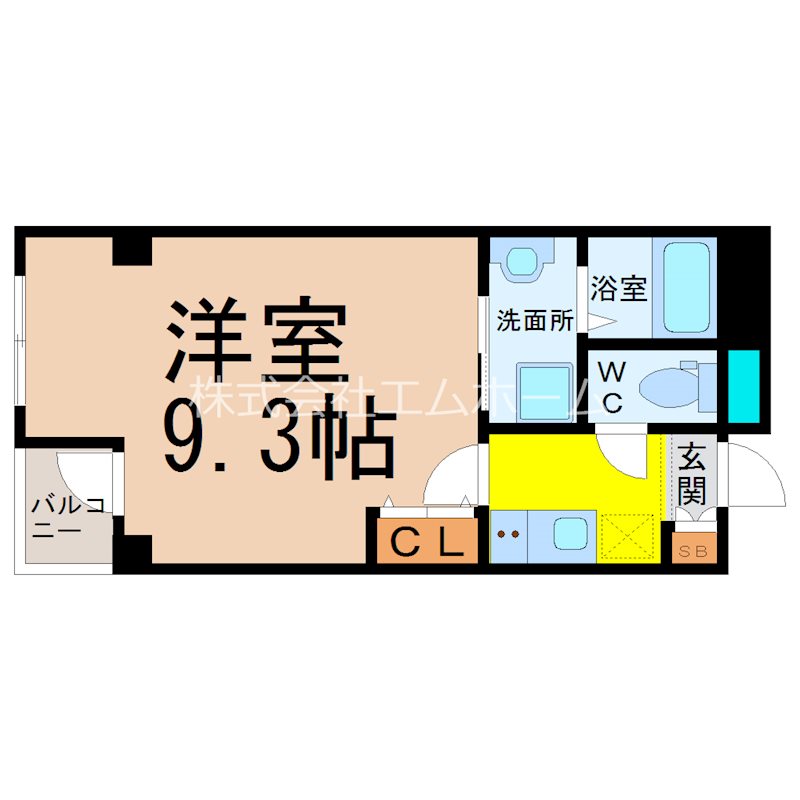 トミテラス 間取図　洋室9.3帖　脱衣洗面所　バルコニー