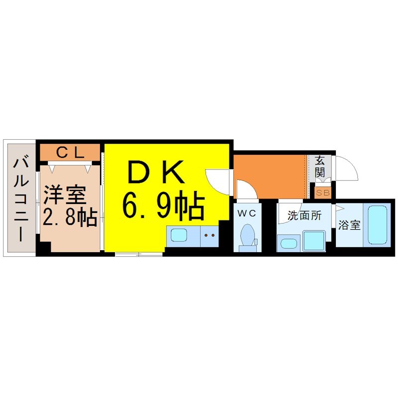 エテルノ幅下 間取図　ＤＫ6.9帖　洋室2.8帖　脱衣洗面所　バルコニー