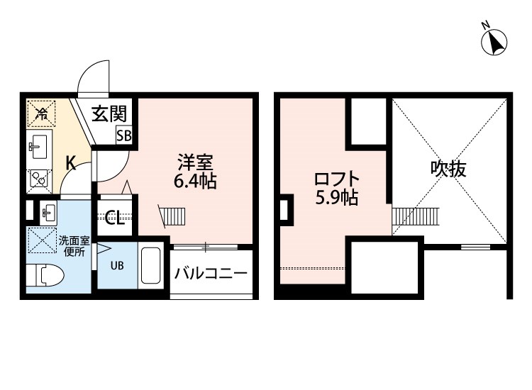 ヒラソル守山 間取図　洋室6.4帖　ロフト5.9帖　脱衣洗面所　バルコニー