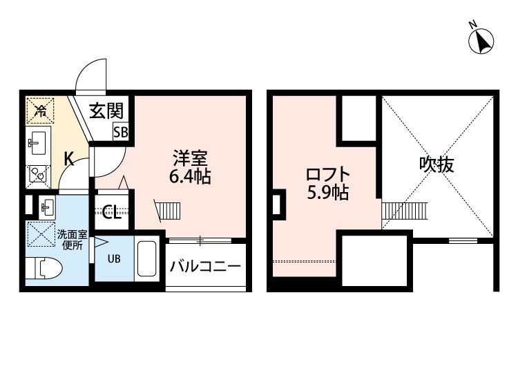 ヒラソル守山 間取図　洋室6.4帖　ロフト5.9帖　脱衣洗面所　バルコニー