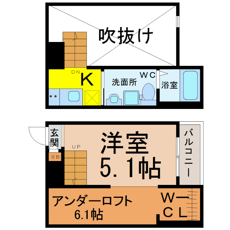ラヴィアンクレール 間取図　洋室5.1帖　アンダーロフト6.1帖